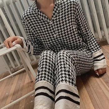 

2020 Autumn Fashion Women Sleepwear Pyjama Set Soft Comfortable Viscose Long-sleeved Suit Net Red Houndstooth Print Home Wear