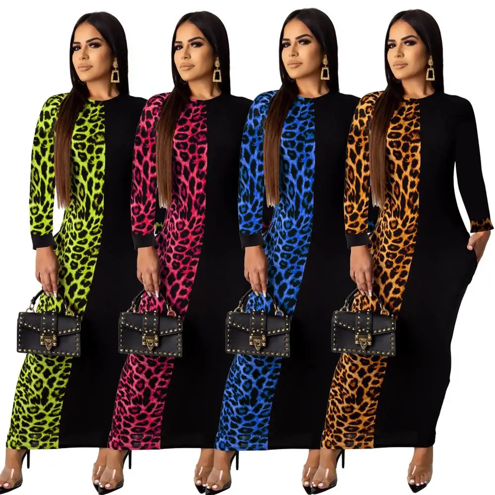 

Colorful Leopard Printed Panelled Sheath Women Party Dress Autumn Long Sleeves Crew Neck Elegant Ankle Length Nightclub Dress