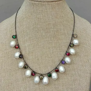 

Freshwater White Rice Pearl Multi Color Cz pave Gunmetal Chain Necklace 17"