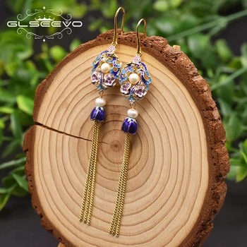 

GLSEEVO Geometric Irregular Natural Pearl Cloisonne Tassel Long Hanging Earrings For Women Engagement Gift Ethnic Jewelry GE0976