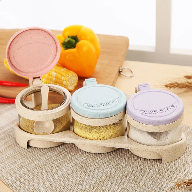 

1 set Wheat Straw Multi-function Glass Seasoning Jar Salt Shaker Environmental Convenience Kitchen Tools