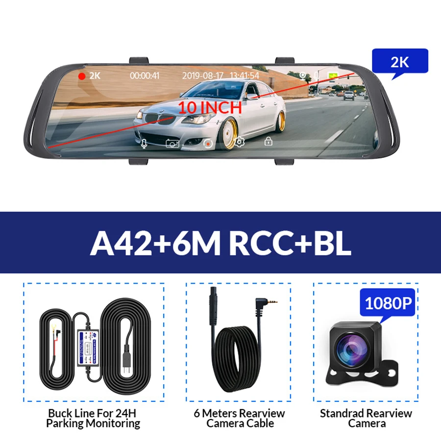 A42-6M RCC-BL E-ACE 7,0 дюймов сенсорный Автомобильный видеорегистратор зеркало FHD 1080P видео рекордер Авто регистратор тире камера двойной объектив с камерой заднего вида - Название цвета: A42-6M RCC-BL