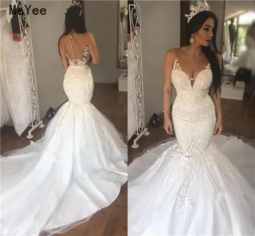 Illusion Mermaid Lace Wedding Dresses Sheer Neck Cover Button Back Applique Vestido De Novia 2020 Long Stain Bridal Gowns