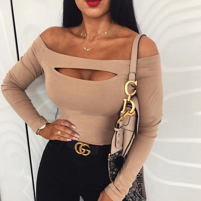Sexy Off Shoulder Cut Off Patchwork Spring Shirts 2020 Women Hollow Out O Neck Elegant Blouse Autumn Long Sleeve Rib Tops Blusas Sexy Off Shoulder Cut Off Patchwork Spring Shirts 2020 Women Hollow Out O Neck Elegant Blouse Autumn Long Sleeve Rib Tops Blusas