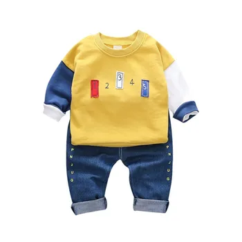 

Autumn Children Boys Casual Long Sleeve Mixed Color Number Sweatshirt Tops+Denim Pants Costume Set