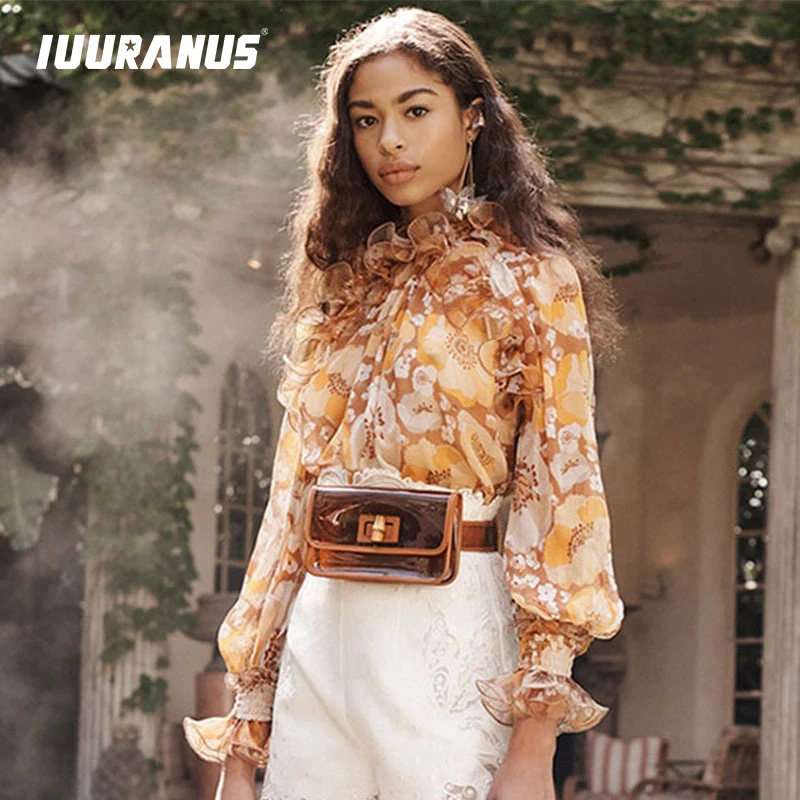 

IUURANUS 2020 Spring New Fashion Rufles Woman Blouses Tops O-Neck Puff Long Sleeve Floral Print Shirts Holiday Party Tops