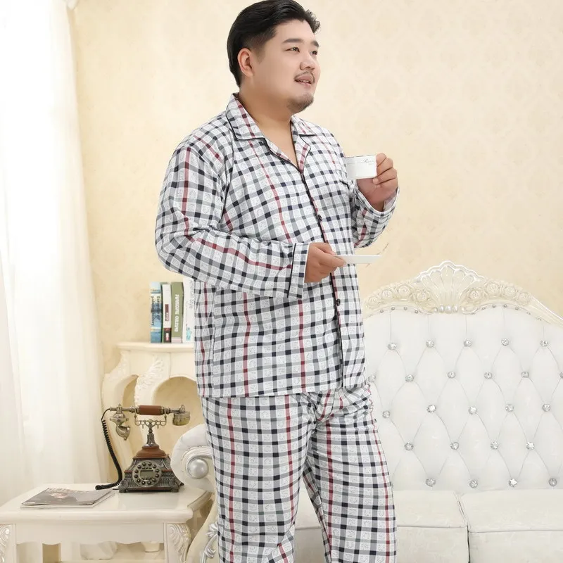 Plus Size 100% Cotton Stripe Men Pajamas Sets Plaid Spring Long Sleeves Pants Mens Pijama Sets Sleepwear Home Suit Nightwear Set