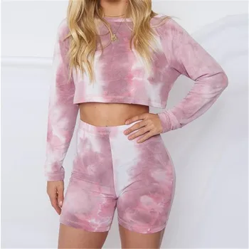 

Autumn Women's Home Suit, Tie-dye Long-sleeved Round Neck Short Top + High Waist Slim Shorts, Casual And Comfortable，S-XXL Size