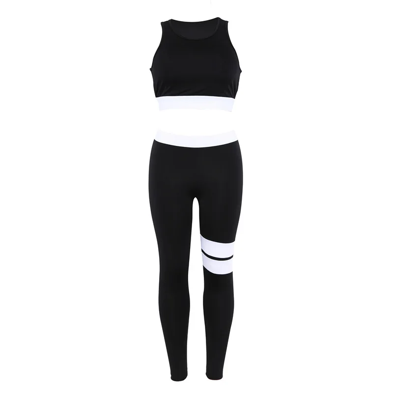 Женский костюм для йоги из 2 предметов, укороченный топ, леггинсы в полоску, комплект из полиэстера, женский спортивный боди, клубный наряд, спортивные костюмы - Цвет: Черный