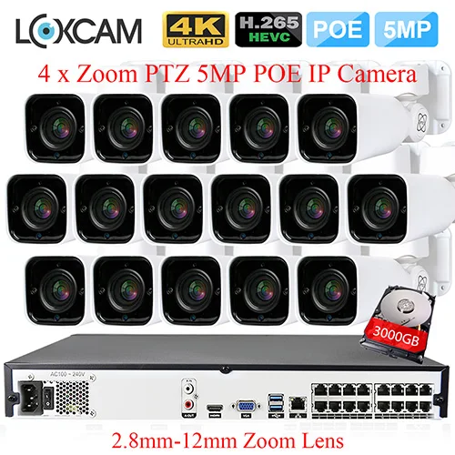 Loxcam H.265+ PTZ 5MP CCTV Камера Системы 16CH POE NVR Kit 5MP 5xzoom ip-камера видеонаблюдения с поддержкой Wi Камера 2,8-12 мм зум системах видеонаблюдения, 4 штуки/набор ТБ - Цвет: 16CH NVR x 16 Camera