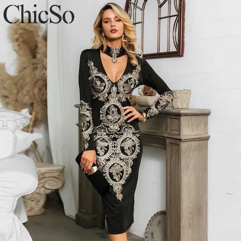 

MissyChilli Long sleeve embroidery black dress Women elegant vintage bodycon v neck dress Winter autumn sexy party dress festa
