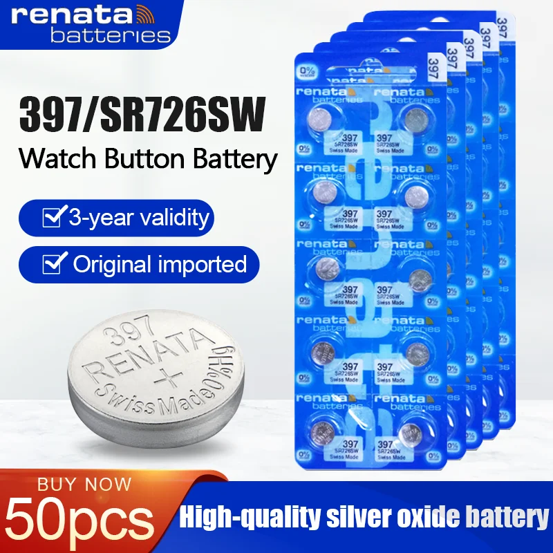 coin cell battery 50PCS Original Renata 397 SR726SW AG2 LR726 396A SR726 196 SR59W 1.55V  Silver Oxide Watch Battery Swiss Made Button Coin Cell replacement batteries