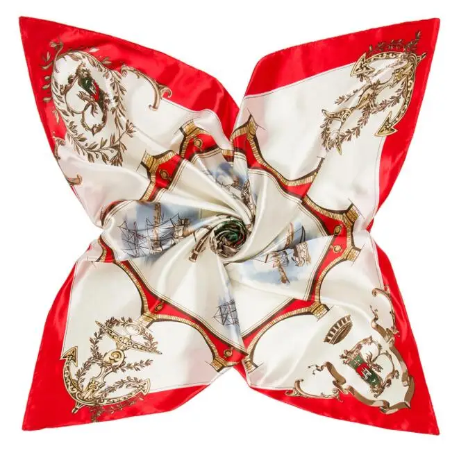 90*90cm Luxury Brand Women Silk Scarfs Sailing Boat Design Square Scarves Spring Summer Shawls For Ladies 2