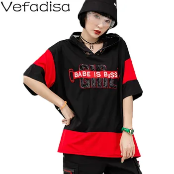 

Vefadisa Summer Mesh Hoodie Top Sequin Letter Women T-shirt 2020 Hit Color Plus Size Short Sleeve T-shirt Loose Red QYF2538