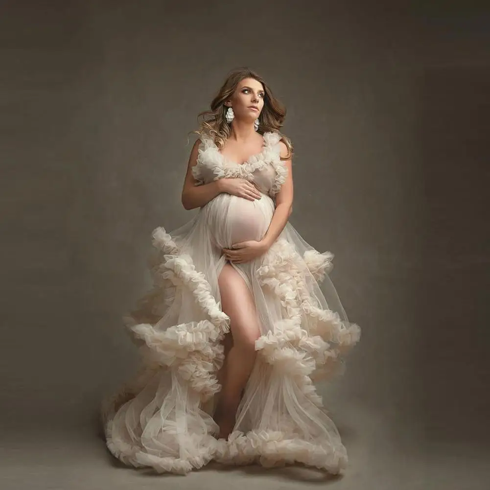 

Unique Bridal Fluffy Tulle Robes Maternity Gowns With Straps Long Ball Gown Photography Pregnancy Dress Birthday Party Bathro