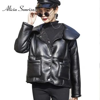 

DBYCool Winter Pu Leather Jacket Women New Short Black Motorcycle Coat Thick Warm Lamb Fur Sheepskin Coat Female Jacket 648768