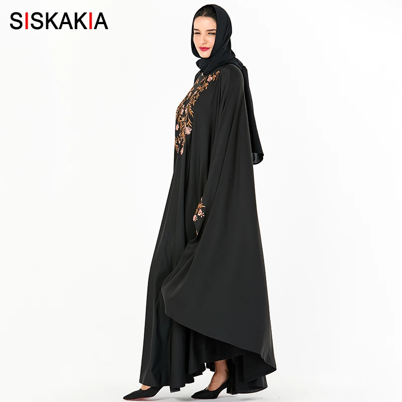 Siskakia большие халаты для женщин модные черные цветочные Вышивка мусульманское абайя платье рукав "летучая мышь" Арабская одежда новая
