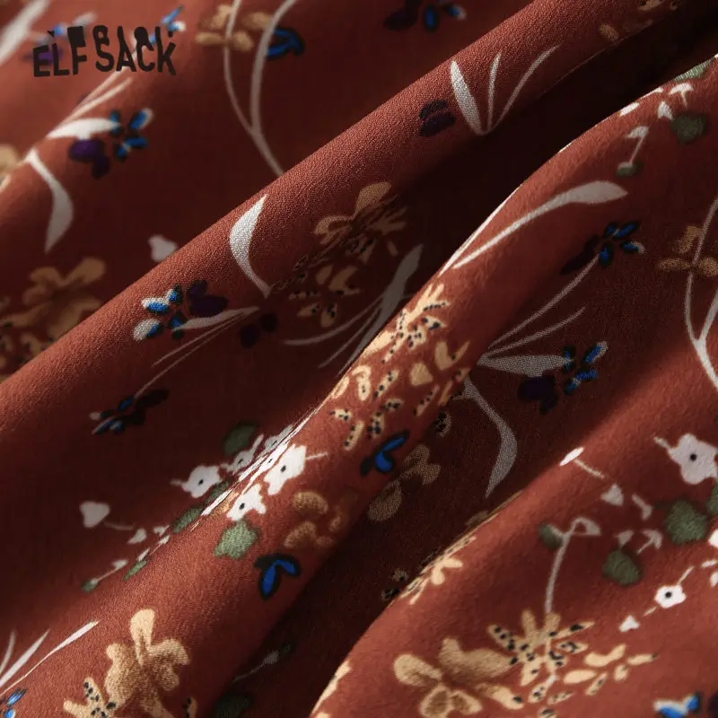 ELFSACK, цветочный принт, оборки, бохо, женские платья, осень, с поясом, жабо, пэчворк, рукав, повседневное, офисное, для девушек, праздничное платье