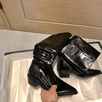 

MLJUESE 2021 women knee-high boots patent leather winter short plush black color pointed toe low heels female high boots size 40