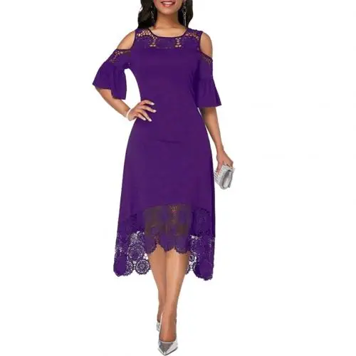 Модное летнее винтажное женское платье размера плюс, однотонное кружевное платье с открытыми плечами и коротким рукавом, необычное вечернее платье vestidos для женщин Pro - Цвет: Фиолетовый