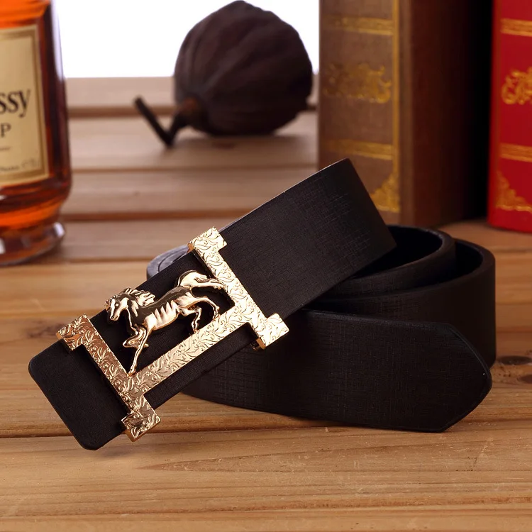 Brand Designer Belt For Men Gold Buckle Belt Luxury Horse Smooth Buckle Strap Belt For Men and Women Waistband - Цвет: Black