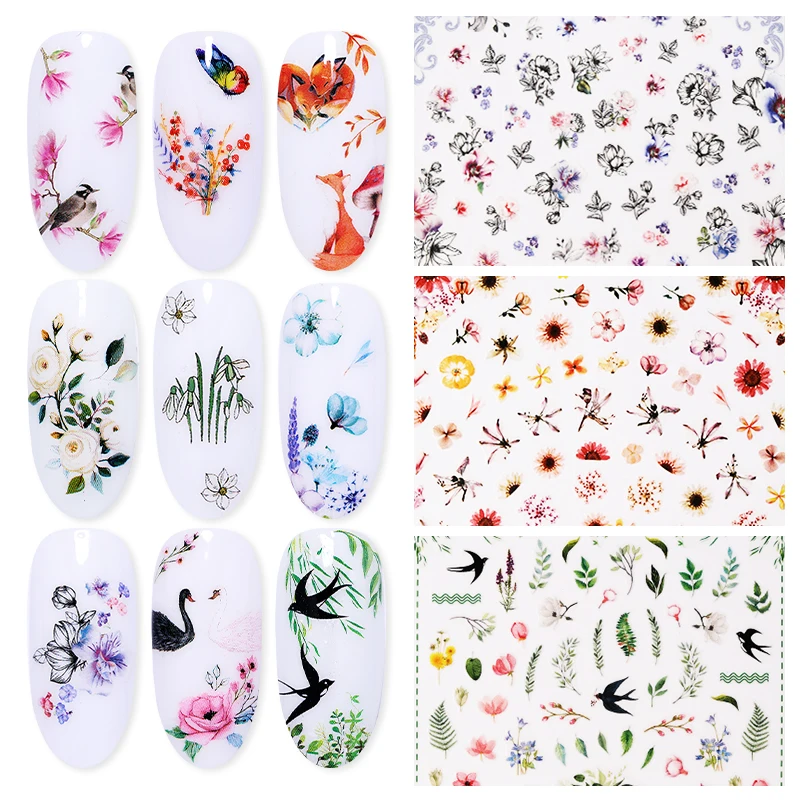 

3D Nail Stickers Self-adhesive Transfer Decals Nail Accessories Mix Flower Animal Fruit Bird Image 3D Nail Art Decorations