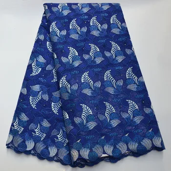 

Royal blue African Swiss voile laces fabric in Switzerland Gold Line embroidered stones Nigerian polish cotton dry lace fabrics
