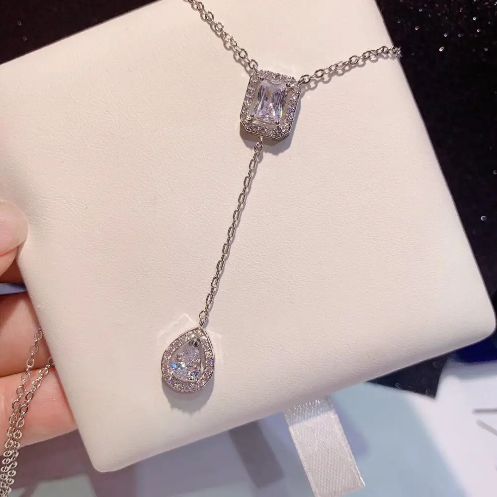 HIBRIDE Elegant Fashion Geometry AAA Cubic Zircon Trendy Geometric Lariat Necklace For Women Wedding Dubai Pendant Necklace P28 - Image 2