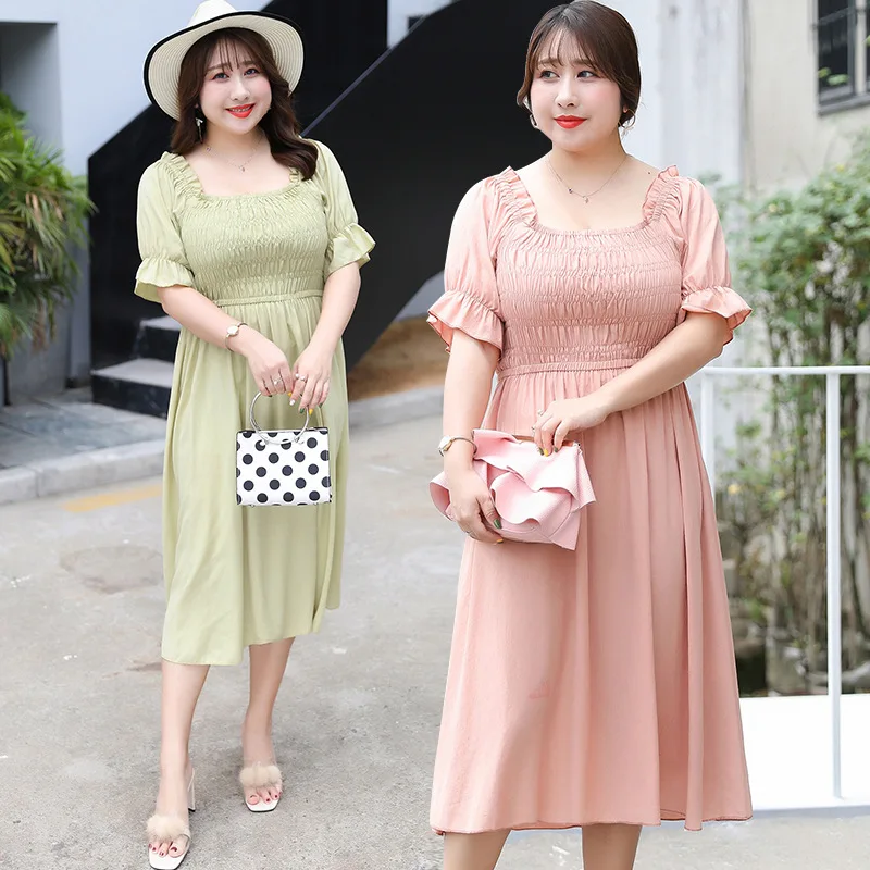 

Summer New Large Size Women's Square Collar Puff Sleeve Dress Court Style Temperament Elegant Dress