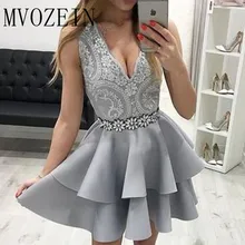 Очаровательное Серебряное платье для выпускного вечера кружевное платье с глубоким v-образным вырезом без рукавов длиной выше колена короткое вечернее платье платья для выпускного вечера