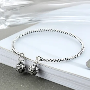 

Retro Double Bell Thai Silver Bangle Fashion Twist Rope Open Cuff Bangle Bracelet For Women Men 925 Sterling Silver S-B293