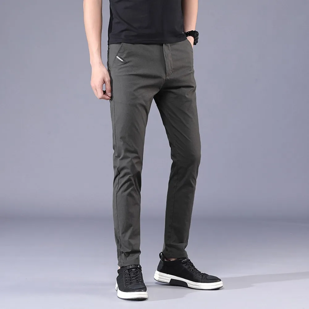 Армейский зеленый Однотонные прямые мужские брюки Slim Fit Осенние новые мужские s повседневные брюки черные зеленые задние карманы дышащие Стрейчевые брюки мужские - Цвет: Армейский зеленый