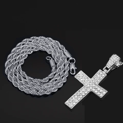 Hip Hop Cross Pendant Necklace With 4mm Zircon Tennis Chain Iced Out Bling Necklaces HipHop Jewelry Fashion Gift A+++