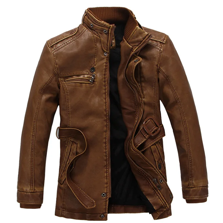 New Winter Leather Jacket Men Fleece Warm Solid Long Jacket Men Casual Moto Biker with Belt Faux Leather Jacket and Coat 6XL - Цвет: as picture