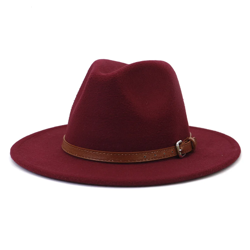 burgundy fedora hat 2021 Winter Autumn Wool Fedora Hat for Woman Men British Style  Felt Fedora Hat with Belt Panama Top Jazz Hat stetson fedora