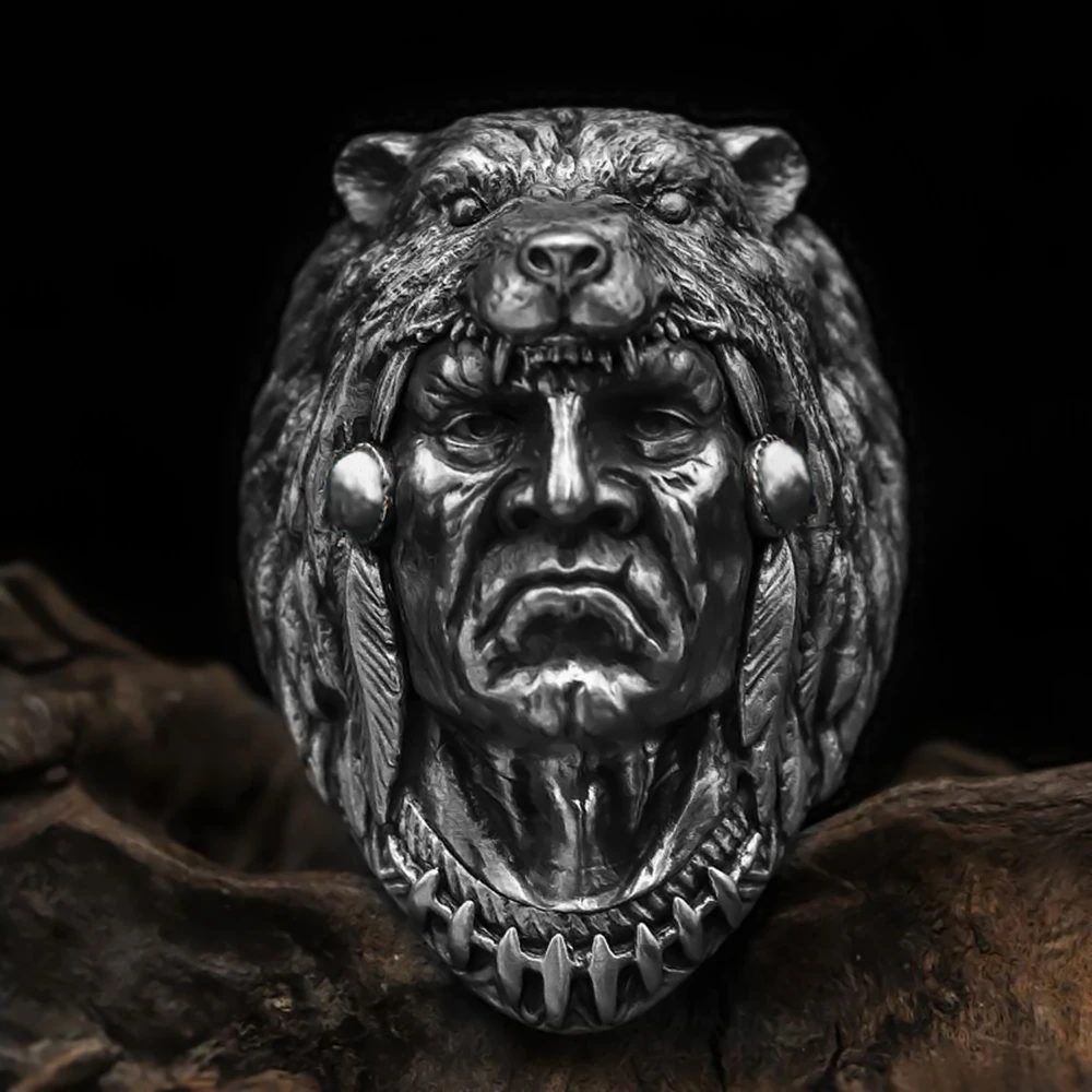 EYHIMD Vintage Indian Warrior Biker Ring Fashion Cool Men 316L Stainless Steel Wolf Head Rings Punk Jewelry Unique Gift