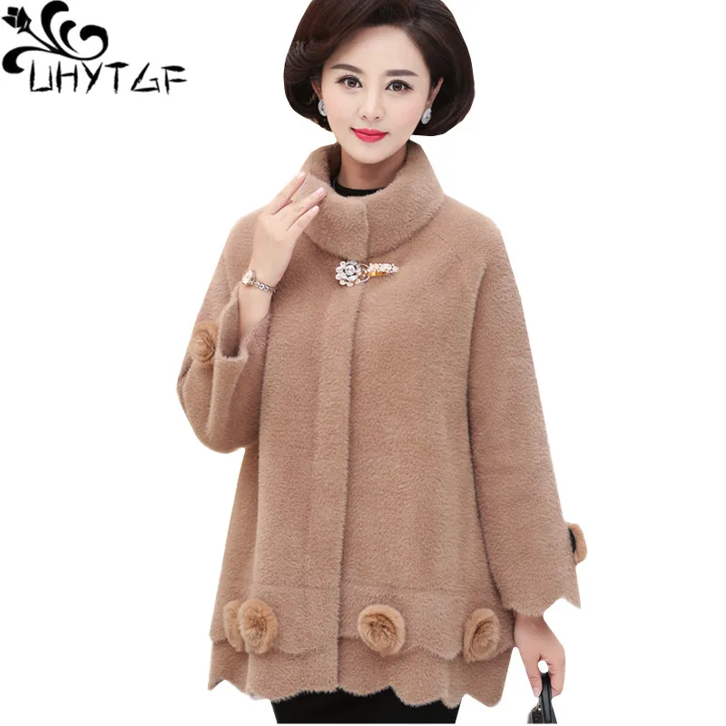 

UHYTGF Quality Mink Cashmere Winter Jacket Womens Pure Color Wild Casual Loose Size Tops Fashion Cashmere Female Autumn Coat 449