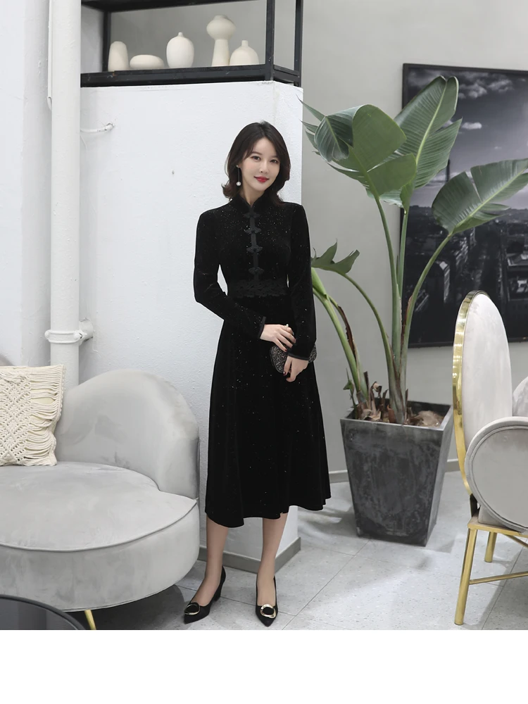 Winter and autumn dress women dress elegant black High waist glitter plus size 5xl long sleeve velvet cheongsam ladies dress