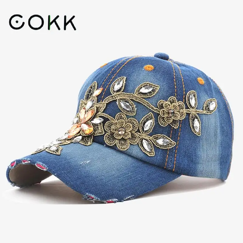 Women's Baseball Cap Diamond Painting Embroidery Flower Denim Snapback Jeans Cowboy Summer Sun Hat