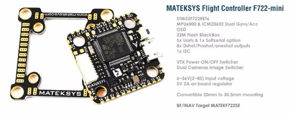 

Hot Matek Systems F722-Mini OSD Dual Gyro/Acc 32M Flash 5V/2A BEC Flight Controller for RC Drone FPV Racing Drone Part DIY