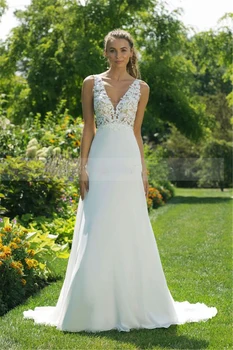 

Sexy V-Neck Lace Top A-Line Wedding Dresses Vintage 2020 Women Chiffon Skirt Bridal Gowns Garden Formal Long V-Shape Back