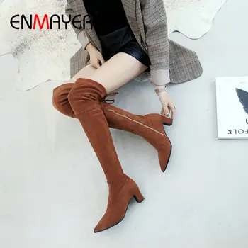 

ENMAYER 2019 Over The Knee Boots Basic Pointed Toe Slip-On Faux Suede Slim Boots Fashion Winter Thigh High Boots Size 34-43