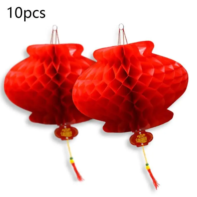 

10pcs Plastic Paper Lantern Chinese Festival Red Lantern Pendant Honeycomb Ping An Lucky Lantern Christmas Decorations