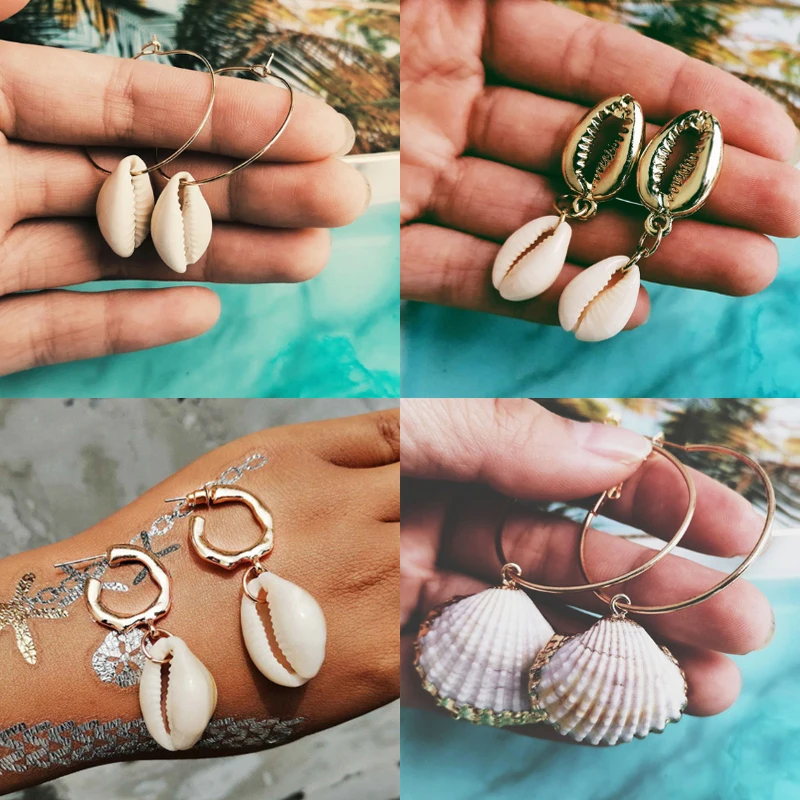 

DAIWUJAN 2019 Vintage Cowrie Sea Shell Drop Earrings For Women Gold Circle Dangle Earring Boho Bohemian Beach Female Jewelry