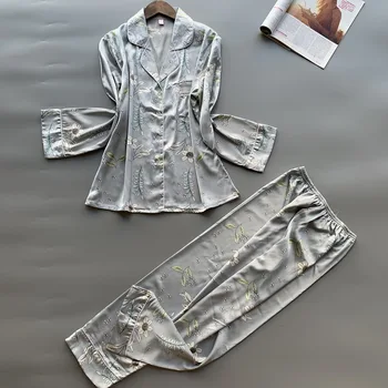 

FZSLCYIYI Printing Fashion Women Pajama Set Sweet Long Sleeve Thin Section Button-Down Trousers Home Wear Sleepwear