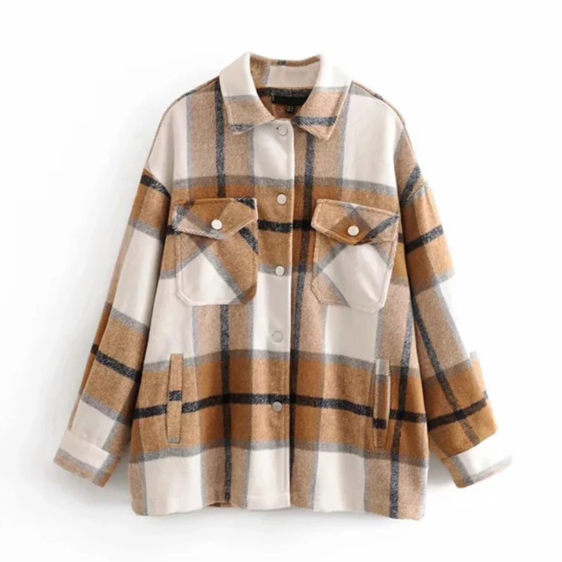 incredible  Plaid Overshirt Wool Blend Jacket Check Lapel Collar Long Sleeve Coat Women Oversized Pockets With 