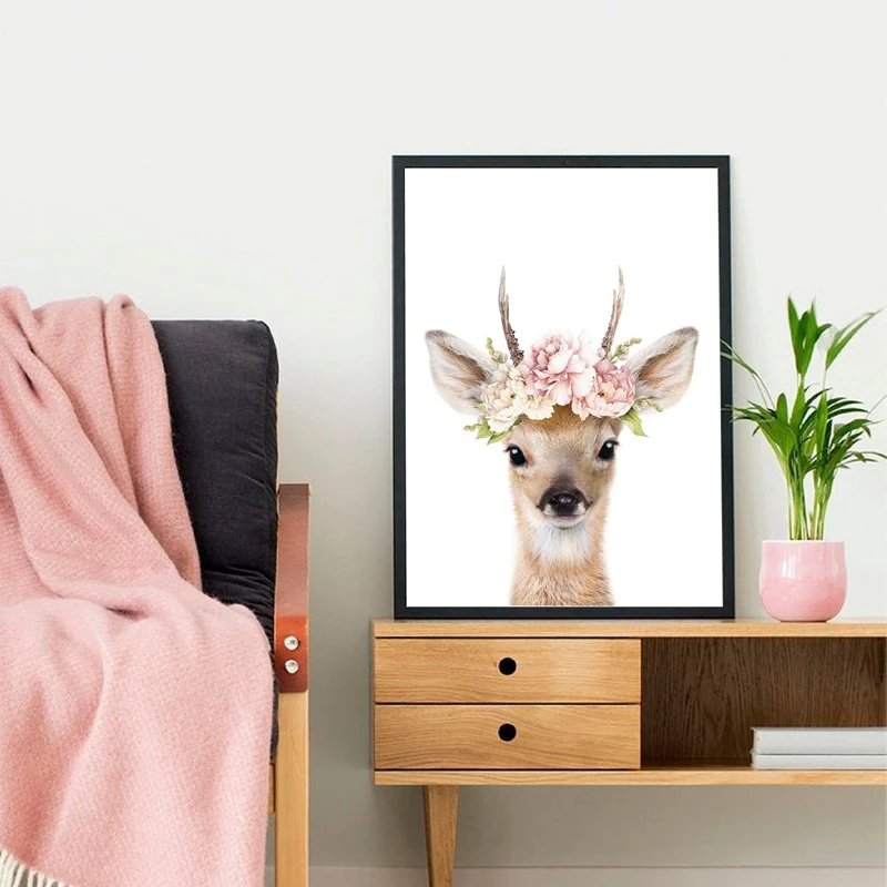 Deer-Nursery-Wall-Art-Decor-Animal-Pink-Flowers-Art-Canvas-Painting-Pictures-Fawn-Poster-Baby-Room