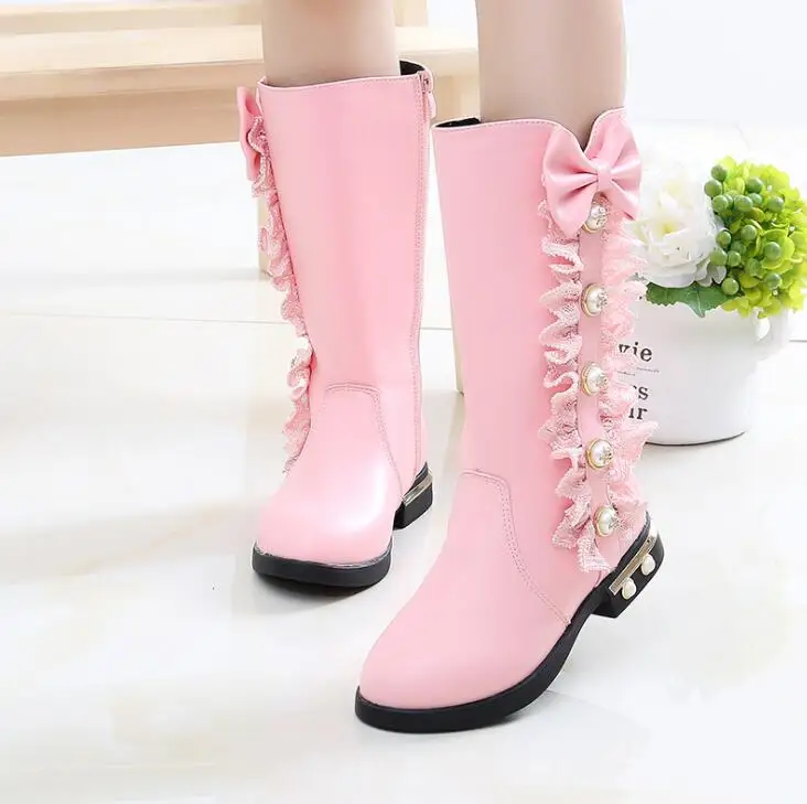 

Winter Girls Boots Leather Fashion Bow Girls Princess Boots Cotton Warm Children Leather Shoes