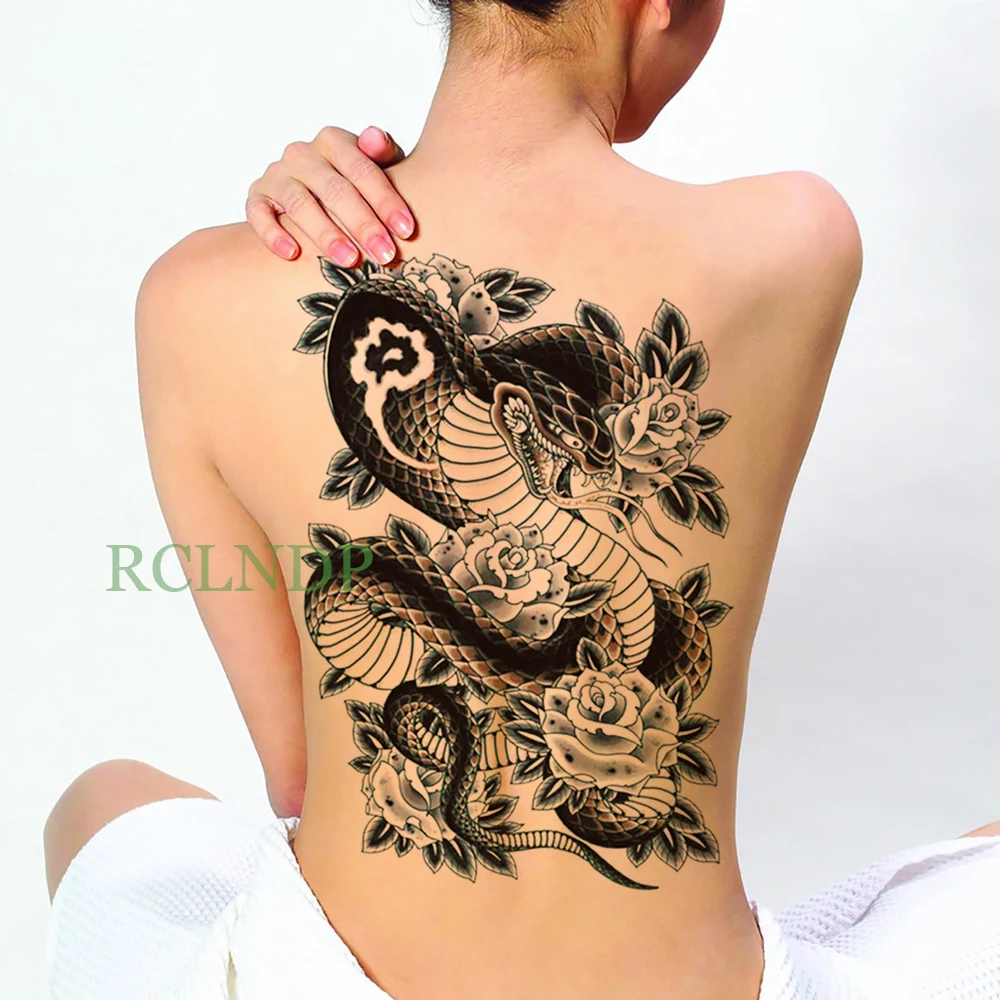 Водостойкая временная татуировка стикер змея роза цветок боди-арт на спине поддельные тату флэш-тату большой размер для мужчин женщин леди