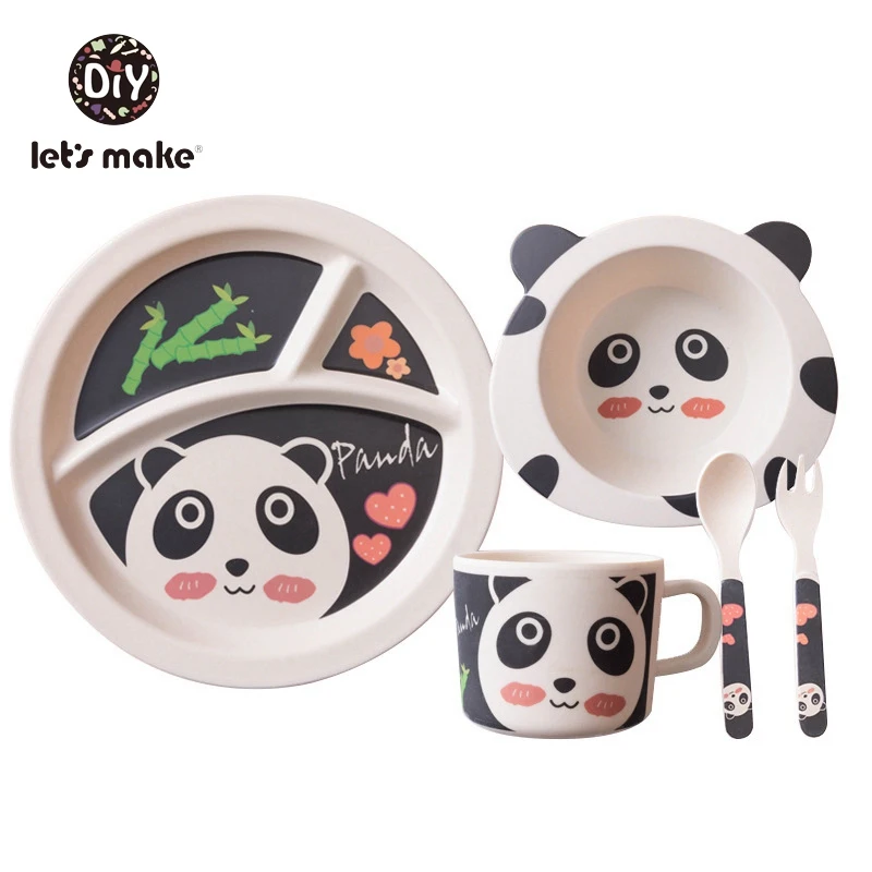 Let's Make Bamboo детская столовая утварь для кормления Мультяшные животные детские блюда тарелка миска Ложка Вилка чашка Bph детская посуда набор - Цвет: panda